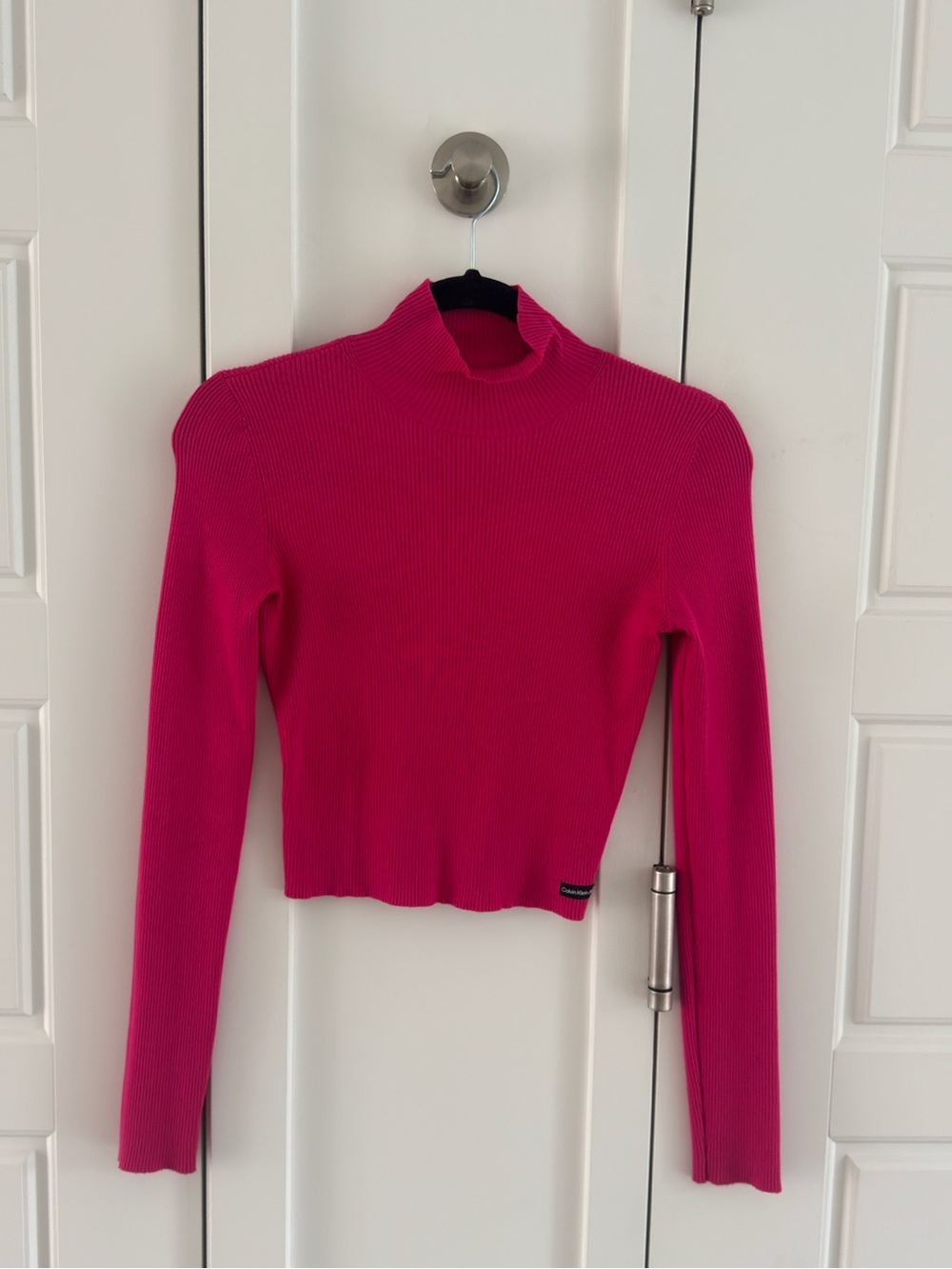 Calvin Klein Jeans Bright Pink Ribbed Mock Neck Long Sleeve Top